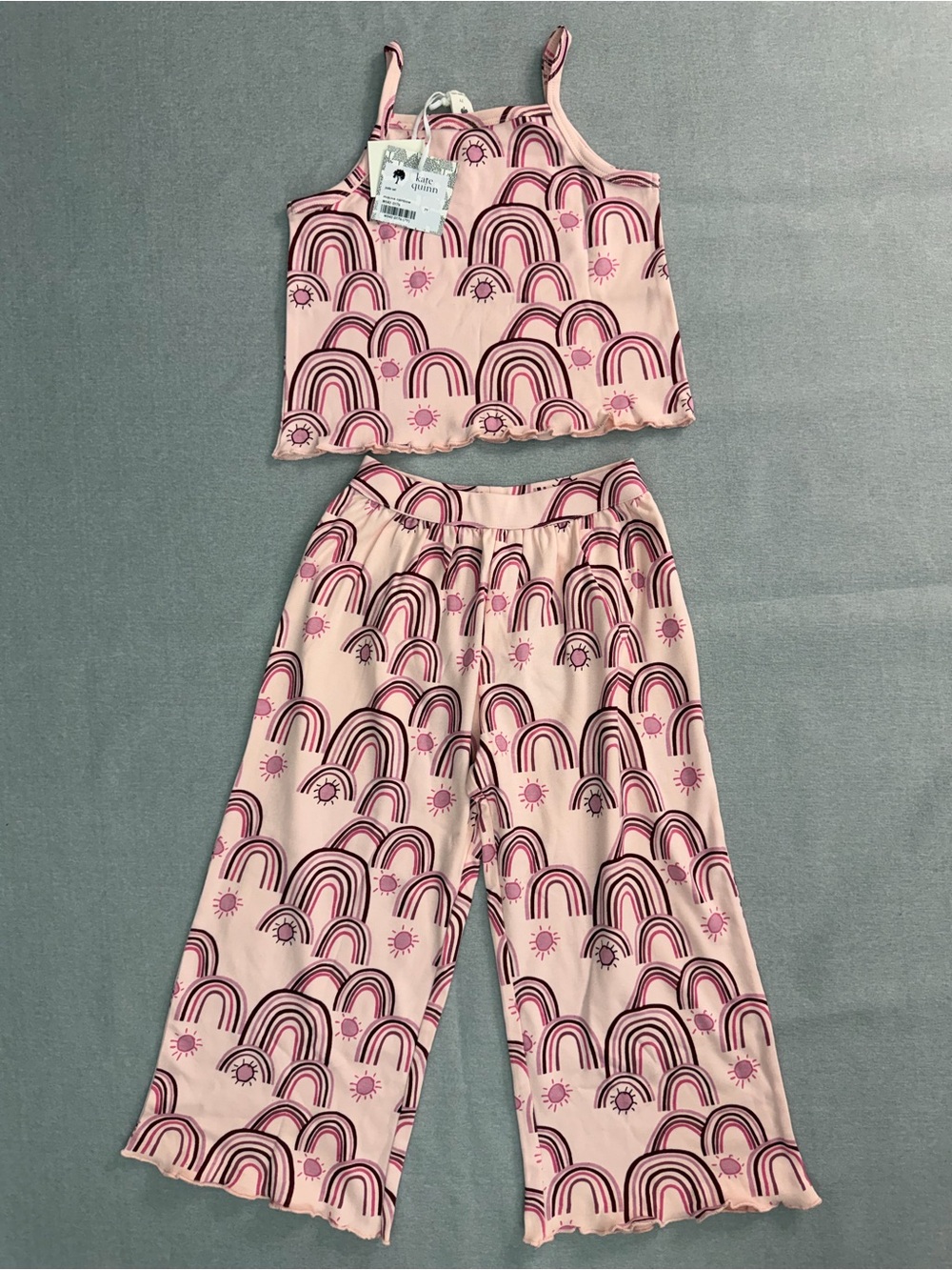 Kate Quinn Girls' Pink Rainbow Set - Sleeveless Top & Wide-Leg Pants 7Y